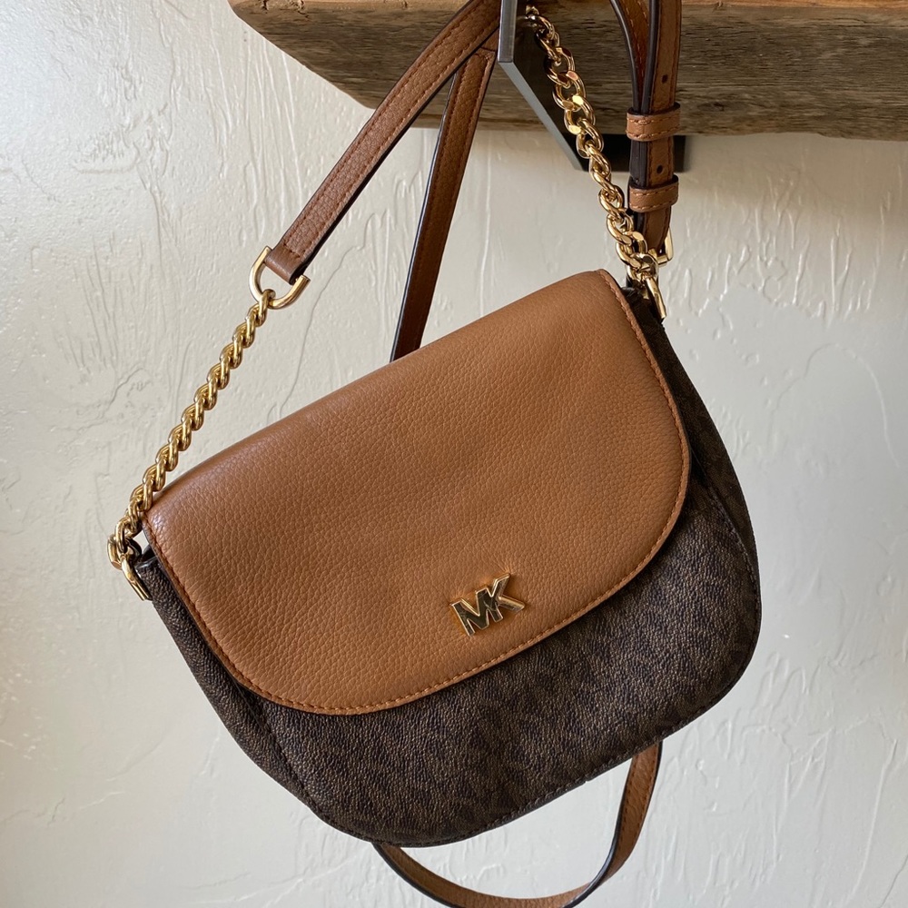 Michael Kors Camel brown leather monogram canvas.